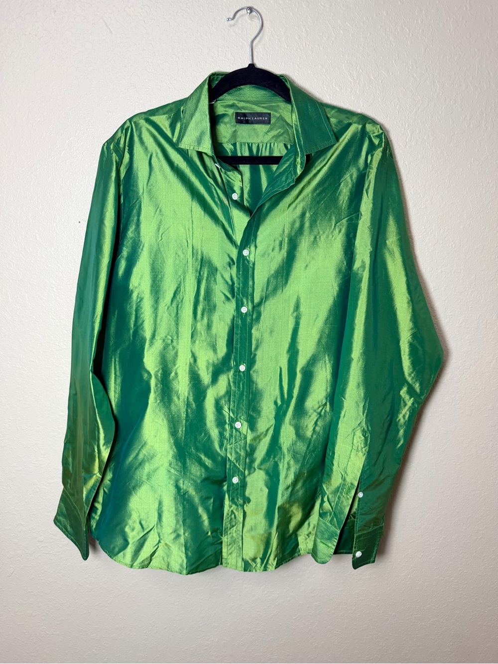 Ralph Lauren Shiny Emerald Green Button-Front Shirt made in Italy 100% silk